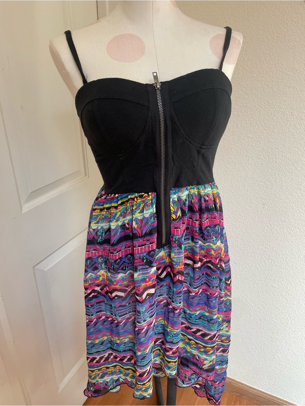 Material Girl Black Bustier Mini Dress with Multicolor Printed Skirt